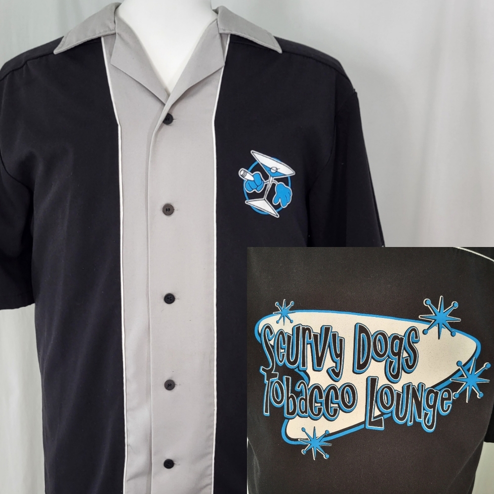 Cruisin USA Bowling SHIRT Mens Size L Scurvy Dogs Tobacco Black Gray Button Up